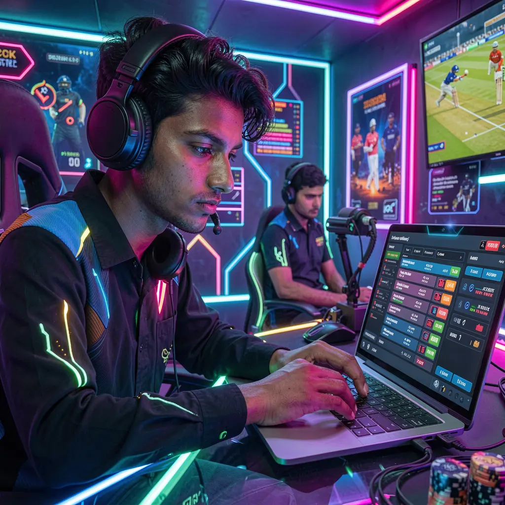 Focused Bangladeshi sports bettor using a laptop with live cricket betting markets on 930k com amid vibrant neon cyber betting visuals