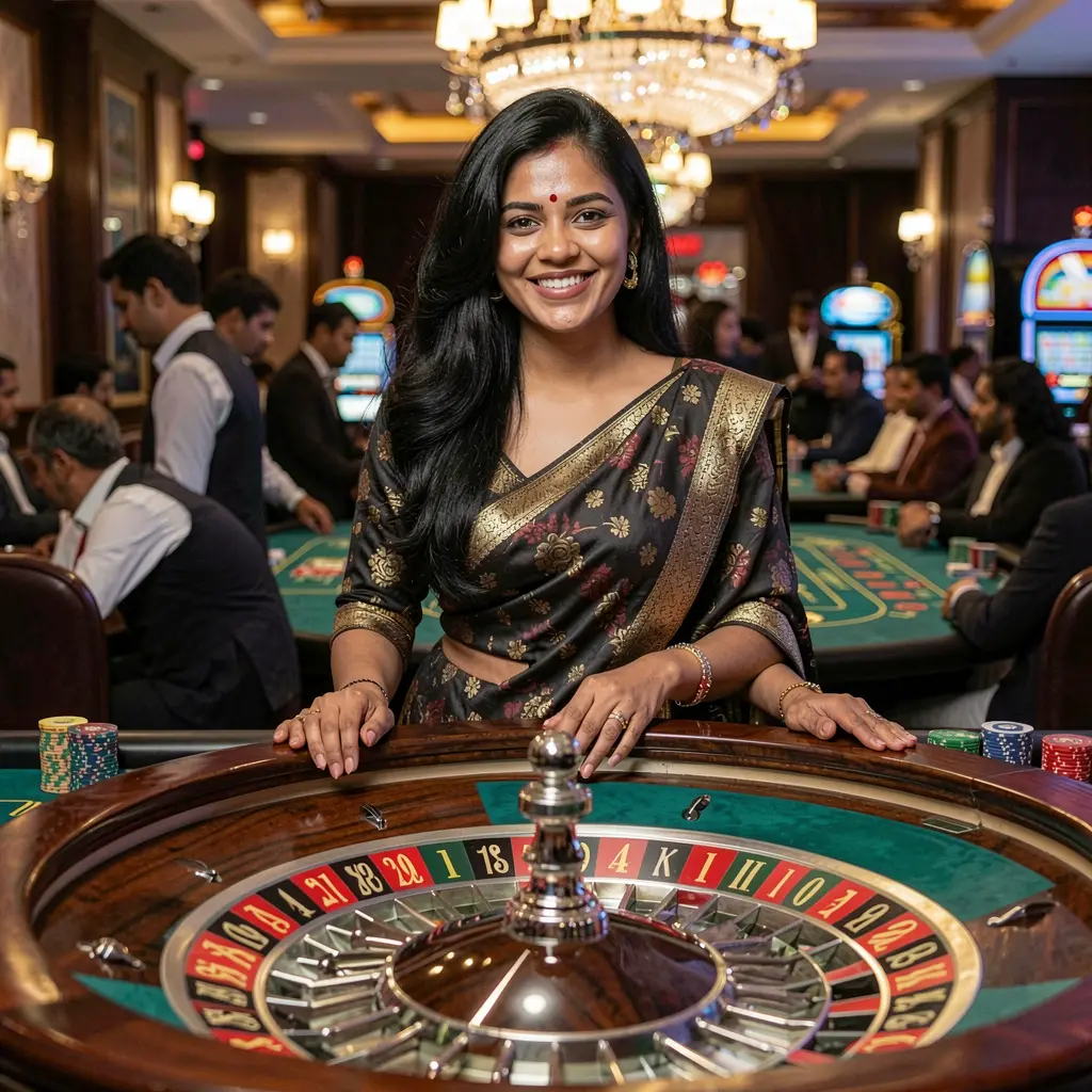 Professional Bangladeshi casino dealer smiling confidently at a roulette table with vibrant casino lights showcasing the immersive live casino experience on 930k com