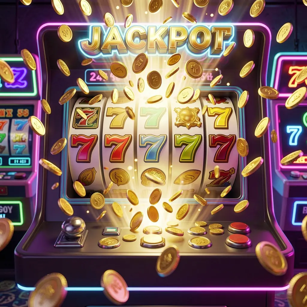 Classic casino slot machine with shining 777 symbols and falling gold coins capturing big win excitement at 930k com online casino in Bangladesh